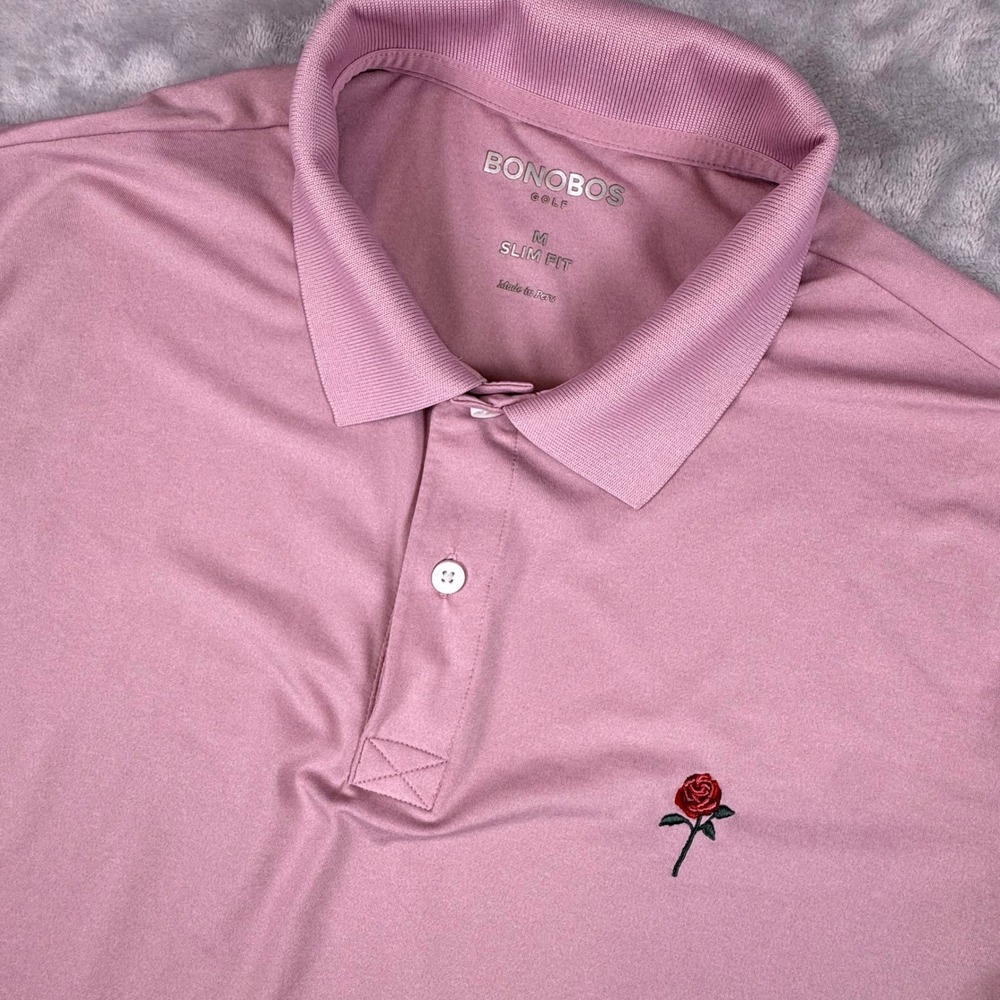 Bonobos Golf Slim Fit Pink‎ Rose Embroidered Performance Polo Shirt Mens Medium